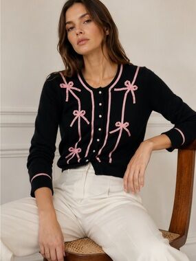 VINTAGE MILLY 100% Cashmere Black Cardigan Sweater Pink Ribbon Bow Embellished